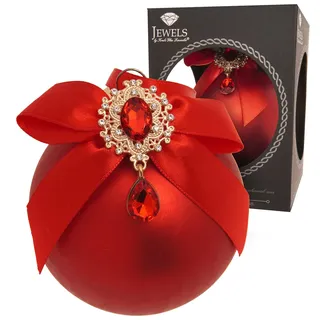 Krebs Glas Lauscha Weihnachtskugel Rot - Ø 8 cm - edle Kugel mit Strass, Schleife & Eisstruktur - Weihnachtsdeko aus Glas - Christbaumschmuck elegant & hochwertig - Festliche Winterdeko