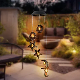 Focenat Solar Windspiel mit Sonne Mond Stern, Solarleuchten LED Windspiele für Draußen, Wasserdicht solarlampen hängend Gartenlampe Außen, für Garten Hof Rasen Wege Balkon Terrasse Party Deko