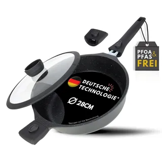 DIVORY Schmorpfanne 28 cm – Schmortopf mit hohem Rand, beschichtete Servierpfanne inkl. Deckel, abnehmbarer Griff – Induktion geeignet – Deep Frying Pan – Frei von PFOA & PFOS