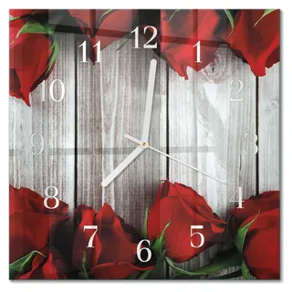 Tulup Glasuhr Wanduhr Küchenuhr Echt-Glas 30x30 cm Modern Dekorativ Geräuschlos Weiße Zeiger - Rosentabletten - Rot