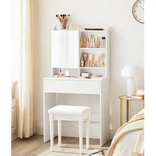 Schminktisch - Frisiertisch - Mit Spiegel - Verstellbare Regale - 70x40x136 cm - Spanplatte, MDF & Glas - Weiß - Weiß