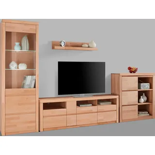 OTTO home Wohnwand "Silkeborg: 4-teilig, Breite: 310cm, Griffmulden, Fronten Massivholz", Set, 4 Stk. tlg., kernbuche teilmassiv),