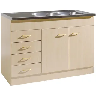 Küchen Spülen Unterschrank Start 120 cm breit 60 cm tief in Buche Nachbildung mit 4 Auszügen und Edelstahl Auflagespüle