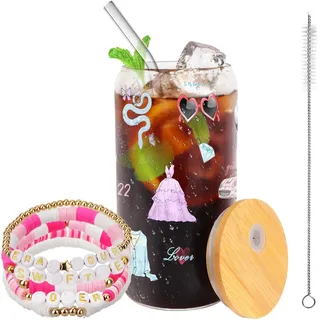WALLFID Glas mit Deckel und Strohhalm, mit Armband, Geburtstagsgeschenk zum Thema Freundschaft für Fans von Musik, für Mädchen und Frauen (bunt)
