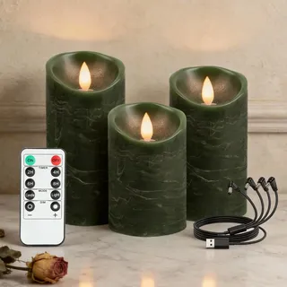 RanBluu 3er Set LED Kerzen mit Timer, elektrische flackernde Echtwachs betriebene Kerzen Wiederaufladbar, LED Säulenkerzen, für Camping, Hochzeiten, Home Deco (Grün, 10 cm&12,5 cm&15 cm Höhe)