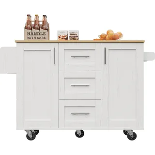 okwish  Kücheninsel,Sideboard,Multifunktionaler  Küchenschrank mit abnehmbare Trennwände, Buffetschrank, Speisewagen mit abnehmbaren Rädernseitlicher Handtuchhalterweiß - Weiß