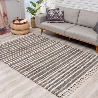 Carpet City Teppich Hochflor Wohnzimmer - Ethno Stil 100x300 cm Grau Creme - Teppich-Läufer mit Fransen