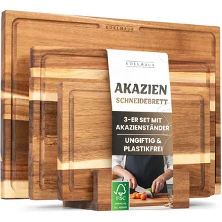 EDELHAUS Schneidebrett Holz 3er Set (40x30cm / 33x24cm / 26x18cm) Holzschneidebrett aus Massiver Akazie - 2cm dicke Holzbretter Küche mit Saftrille - Design Cutting Board Schneidbrett Set