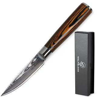 Wolfblood Damastmesser Schälmesser S (20cm) TÜV geprüfter 62 HRC Damaststahl aus 67 Lagen I Obstmesser Officemesser Damast Küchenmesser mit Holzgriff Geschenkbox & Klingenschutz