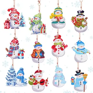 12 Stück Diamond Painting Schneemann Anhänger, Diamond Schlüsselanhänger Kinder Weihnachten, DIY Doppelseitige Diamont Painting Anhänger für Kinder Weihnachten Deko