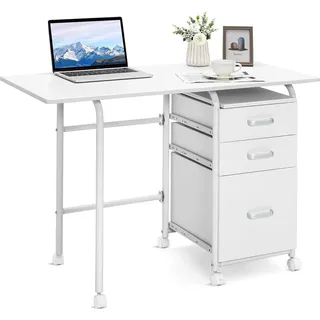 COSTWAY Klappbarer Computertisch mit 3 Schubladen und Rollen, Schreibtisch mit Metallrahmen, platzsparender Bürotisch, Klappschreibtisch für kleine Räume, 105 x 50 x 75 cm (Weiß) - Weiß