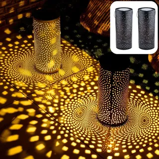 Marrakesch Orient & Mediterran Interior Marrakesch 2er Set Solarlaternen Solarlampen für außen mit Henkel aus Metall 30cm Groß | Orientalische Deko Outdoor Solar LED Laterne Wetterfest Swann Schwarz IP65 Wasserdicht als Gartendeko im Garten