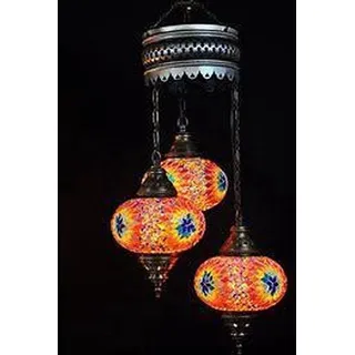 Türkische Hängelampe mit 3 bunten Glaskugeln im orientalischen Stil - Handgemachte Moosiklampe