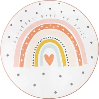 Paco Home Kinderteppich "Chicos 552" rund 2 mm Höhe Flachgewebe, Kinder Design, Motiv Regenbogen, Pastell-Farben, beige
