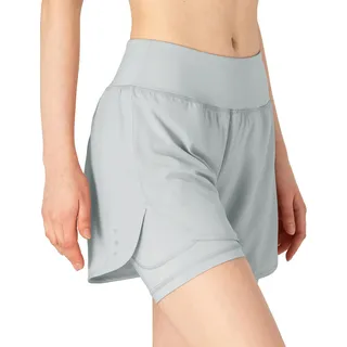 donhobo Damen Sport Shorts 2 in 1 Kurze Leggings Laufhose Sommer High Waist Yoga Hose für Gym Training, Fitness, Jogging (Hellgrau, S)