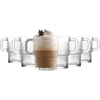 KIAPPO Gläser mit Henkel – 6er Set à 270 ml – Geriffelte Trinkgläser für Kaffee, Tee & Kaltgetränke – Stapelbar, spülmaschinenfest & elegant – Robustes Glas mit klassischem Design