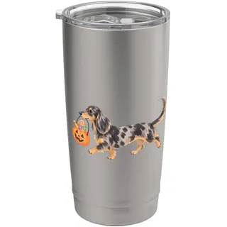 Halloween Langhaar Tigerdackel Süßes oder Saures Motiv Doppelwandiger Edelstahl-Thermobecher