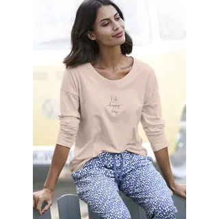 Pyjamaoberteil VIVANCE DREAMS, Damen, Gr. 40/42, rot (apricot), Single Jersey, Obermaterial: 50% Baumwolle, 50% Viskose, bedruckt, unifarben, Basic, loose fit hüftlang, Rundhals, Shirts Pyjamaoberteil, mit Sommer-Statementdruck, Topseller