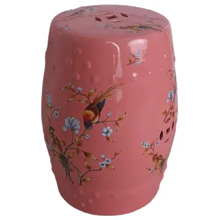 Gartenhocker Porzellan Hocker China Sitzhocker Vögel Keramikhocker Rosa Pouf