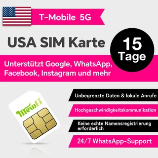 T-Mobile USA SIM-Karte – Unbegrenzte Anrufe & Daten für USA-Reisen – 4G Netz, Google & Whatsapp nutzbar – Einfache Aktivierung, 24/7 Whatsapp Support