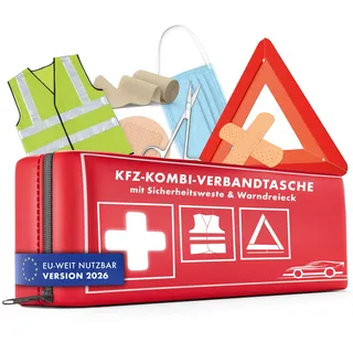 WALSER KFZ Verbandstasche 2026 StVO konform, 3in1 Auto Erste Hilfe Set mit Pannendreieck und Warnweste, Kombitasche Verbandskasten 2026, Erste Hilfe Kasten Warnweste Auto + Warndreieck KFZ DIN 13164