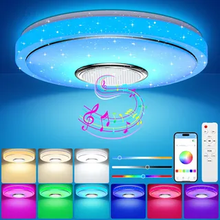 OGVDOE LED Deckenleuchte Dimmbar 48W LED RGB Deckenlampe Ø30CM Badezimmer Lampe Badlampe mit Bluetooth Lautsprecher Fernbedienung und APP-Steuerung für Kinderzimmer Schlafzimmer Wohnzimmer