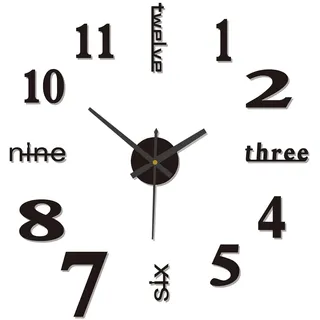 3D Klebe Wanduhr Groß 50CM, Leise und Selbstklebend, DIY Mute Modern Uhr Wandtattoo Dekoration, Dekorative Aufkleber für Wohnzimmer Küche Schlafzimmer Büro, Schwarz