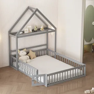 Hausbett mit Lattenrost und Rausfallschutz, 140x200 cm, Kinderbett, Dachgestell mit Kleiderstange, Kiefer - Grau