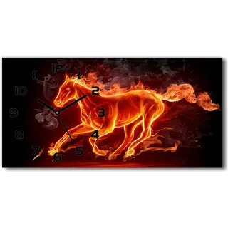Wanduhr aus Glas – 60x30 cm - Glasbild - Glasuhr - Gehärtetes Glas - schwarze-zeiger - Pferd in Flammen