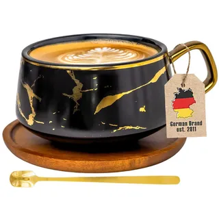 Intirilife Kaffeetasse Marmor Design 200 ml mit Untersetzer , Keramik , 2-teilig , 0.2 L , 13x6.3x13 cm , leicht zu reinigen , Geschirr, Tassen, Tassen Sets