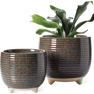 LE TAUCI Blumentopf Keramik mit Füßen, 12+16 cm Durchmesser Klein Übertöpfe Set, 2 er Pack Blumentopf für Zimmerpflanzen mit Abflussloch, Reaktive Glasur Schwarz