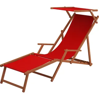 Sonnenliege rot Liegestuhl Fußteil Sonnendach Gartenliege Holz Deckchair Gartenmöbel 10-308FS - Rot