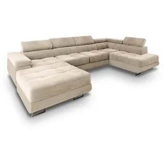 Masseno Wohnlandschaft Casone R-S Creme Velours-Stoff mit Schlaffunktion , Holz , U-Form , 345x90x202 cm , Wohnzimmer, Sofas & Couches, Wohnlandschaften, Wohnlandschaften in U-Form