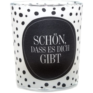 Windlichtglas mit Motiv auf Einer transparenten Banderole, schwarz-weiß gepunktet, Salz und Pfeffer-Design inkl. 1 Teelicht, H/Ø: 6,5 x 6 cm, Motiv: Schön DASS es Dich gibt.