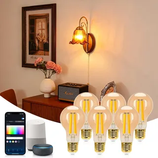 Aigostar Alexa Glühbirne E27 Edison Vintage Glühbirne 6W Retroglühbirnen LED A60 Smart Lampe Wlan Dimmbar 2700K-6500K, App Steuern Kompatibel mit Alexa und Google Assistant. Bernstein 6 Stücke