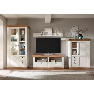 Home Affaire "Cremona, Anbauwand im Landhausstil, Komplettset, Wohnzimmer-Set", pinie weiß nb, pinie weiß nb, applikation wotan eiche nb),