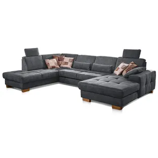 CAVADORE Wohnlandschaft Puccino mit Federkern, verstellbarer Rückenlehne und 2 Kopfstützen / Sofalandschaft in U-Form im Landhaus-Design / 340 x 86 x 224 cm / Mikrofaser grau