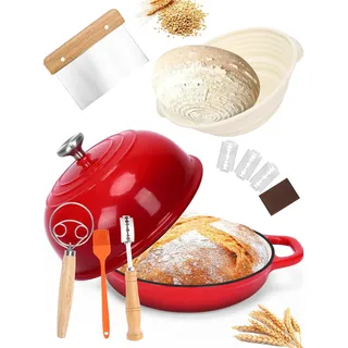 GFTIME Gusseisen Topf Brot Backen, Schmortopf Gusseisen Topf mit Deckel, Dutch Oven Brotbacktopf mit Gärkorb Einschneider Teigmischer Brotbackform für Schmoren, Braten, Sauerteig Starter Set,Rot