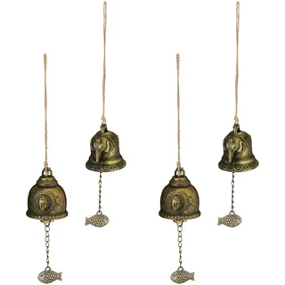 Relaxdays Windspiel Glocken, 4er Set, Feng Shui Glockenspiel, buddhistische Motive, Garten, Metall, Klangspiel, gold