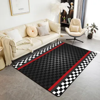 richhome Racing Car Track Area Teppich 100x150,Schwarze Wabengeometrie rutschfeste Teppich, Schwarze weiße Flagge Plaid Dekor Teppich für Wohnzimmer Schlafzimmer