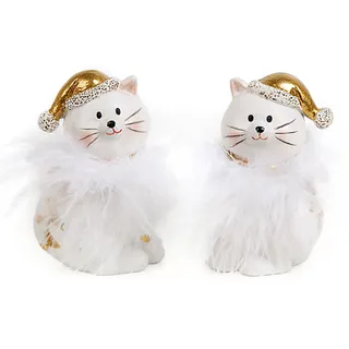 Katzen-Figuren, 2 Stück: Dekofiguren Winterkatzen, Weihnachtsfiguren mit Mütze, Figur Weihnachten & Winter, Weihnachtskatzen zum Hinstellen, Weihnachtsdeko Innen, Deko Fensterbank & Tisch, Weiß, 8 cm
