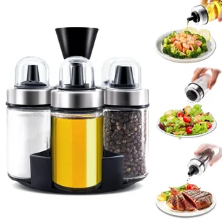 Mlici Gewürzgläser Set mit Drehteller Organizer - 6 Stück 100ml Rund Gewürzdosen aus Glas - Gewürzflasche mit 3 Verschiedenen Ausläufen für Salz, Pfeffer, Essig, Öl, Gewürze, Paprika