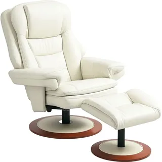 Homcom Relaxsessel mit Hocker Fernsehsessel mit Liegefunktion, Drehbarer TV-Sessel mit Holzsockel, Liegesessel bis 150 kg belastbar für Wohnzimmer, Kunstleder, Cremeweiß