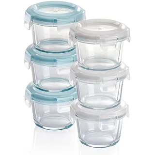Grizzly Mini Glas Frischhaltedosen, Set 6x 130 ml, luftdicht, rund, Click-Verschluss, Idealer Behälter für Babybrei, Beikost und Dips