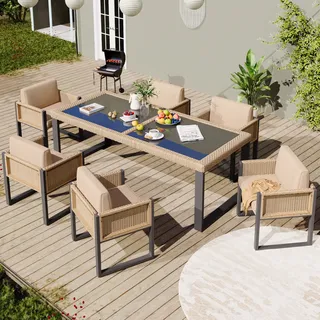 Merax Polyrattan-Esstisch-Set für 6 Personen, Gartenmöbel mit abnehmbaren Stoffbezügen - Elegantes und robustes Design für Außenbereich - Beige