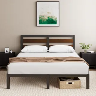 Zinus Kai Bettgestell 140x200 cm mit Bambus Kopfteil - Metallbett 140x200 mit Metall-Lattenrost - 25.4 cm Hohe Plattform mit Freiraum Darunter - Kein Boxspringbett Erforderlich - Schwarz/Braun