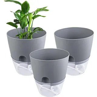 Relota 3 stücke Blumentopf Grau 15.3cm Breite, Kräutertopf Plastik mit Selbstbewässerung und Wasserspeicher, Küchenkräuter Blumentopf mit Bewässerungssystem für Küche, Balkon, Schlafzimmer
