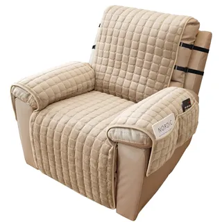 Alishomtll Sesselschoner für Relaxsessel Relaxsofa 1 Sitzer Sesselschoner mit Armlehne für Fernsehsessel Anti-Rutsch Kratzfest Sesselüberwurf mit 4 Taschen und 2 Verstellbaren Riemen, 53x190cm Beige