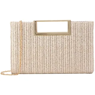 Ynport Crefreak Damen Stroh Clutch Sommer Stroh Dinner Schultertasche mit Metallkette Quadratische Tragetasche Gewebte Handtasche für Hochzeitsfeier, Beige