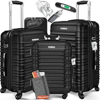 KESSER® 3tlg. Hartschalenkofferset Hartschalenkoffer Reisekoffer Set Reisekofferset Trolley Koffer Inkl. Kofferwaage + Gepäckanhänger Rollkoffer Schloss 4 Rollen ABS-Hartschale Teleskopgriff M-L-XL - Schwarz